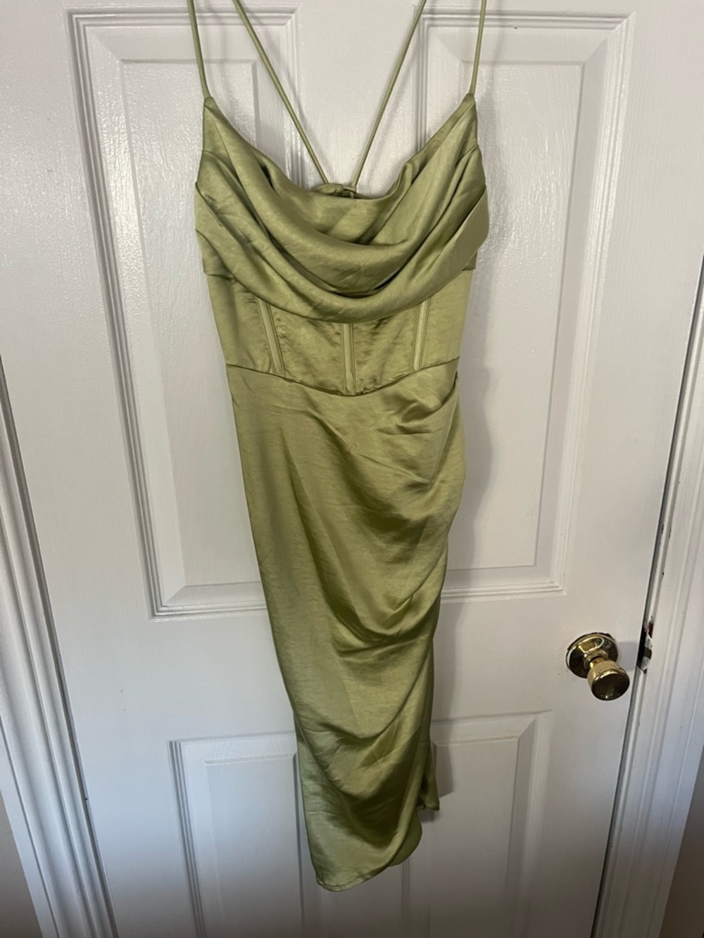 Hello Molly Satin Cowl Midi Dress in Sage